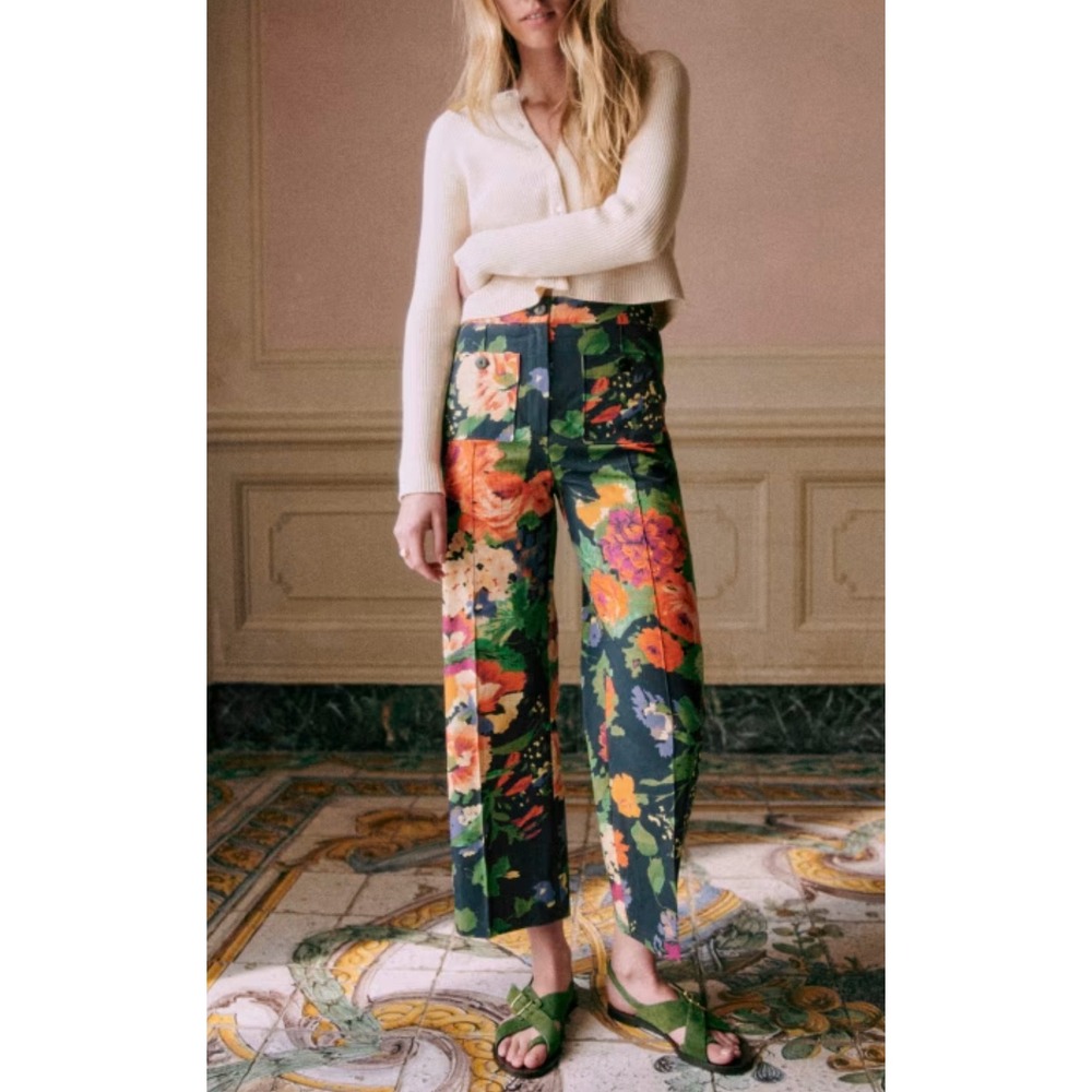 Sezane Emilio Trousers Trianon Print Floral Wide Leg Cotton Pants Size 38 US 6